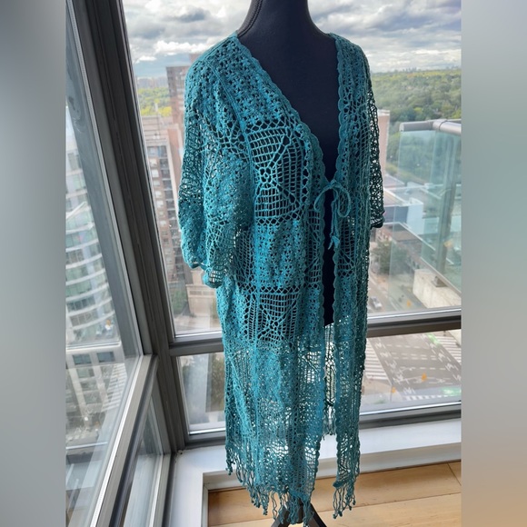 🆕 FARM Rio 🧿 NWOT Floral Crochet Tie Up Kimono, Teal - Sz M - Picture 4 of 16